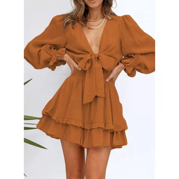 Dokotoo Womens 2023 Summer Deep V Neck Knotted Tiered Chiffon Elegant Mini Short Swing Skater Dresses