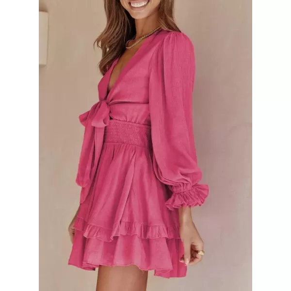 Dokotoo Womens 2023 Summer Deep V Neck Knotted Tiered Chiffon Elegant Mini Short Swing Skater Dresses