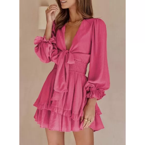 Dokotoo Womens 2023 Summer Deep V Neck Knotted Tiered Chiffon Elegant Mini Short Swing Skater Dresses