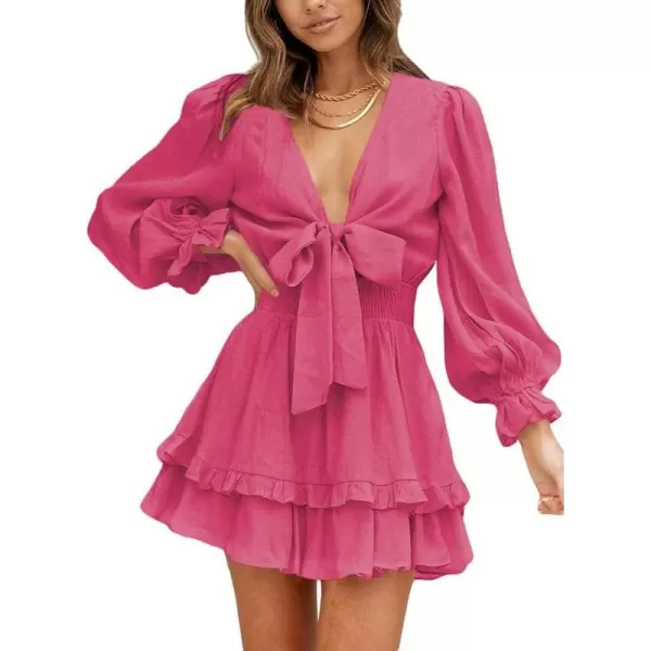 Dokotoo Womens 2023 Summer Deep V Neck Knotted Tiered Chiffon Elegant Mini Short Swing Skater Dresses
