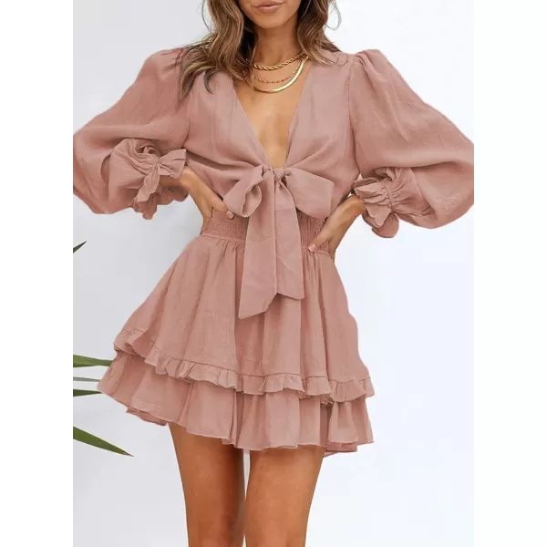 Dokotoo Womens 2023 Summer Deep V Neck Knotted Tiered Chiffon Elegant Mini Short Swing Skater Dresses
