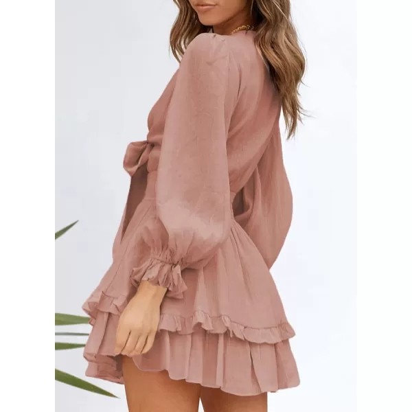 Dokotoo Womens 2023 Summer Deep V Neck Knotted Tiered Chiffon Elegant Mini Short Swing Skater Dresses