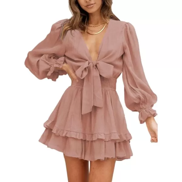 Dokotoo Womens 2023 Summer Deep V Neck Knotted Tiered Chiffon Elegant Mini Short Swing Skater Dresses