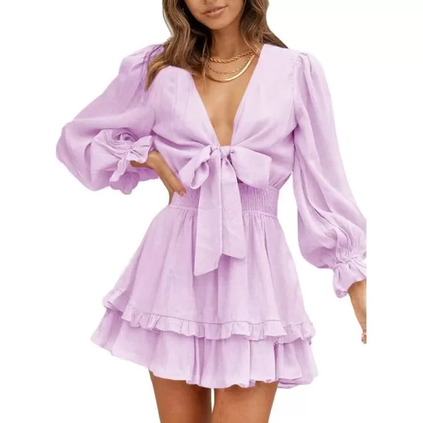 Dokotoo Womens 2023 Summer Deep V Neck Knotted Tiered Chiffon Elegant Mini Short Swing Skater Dresses