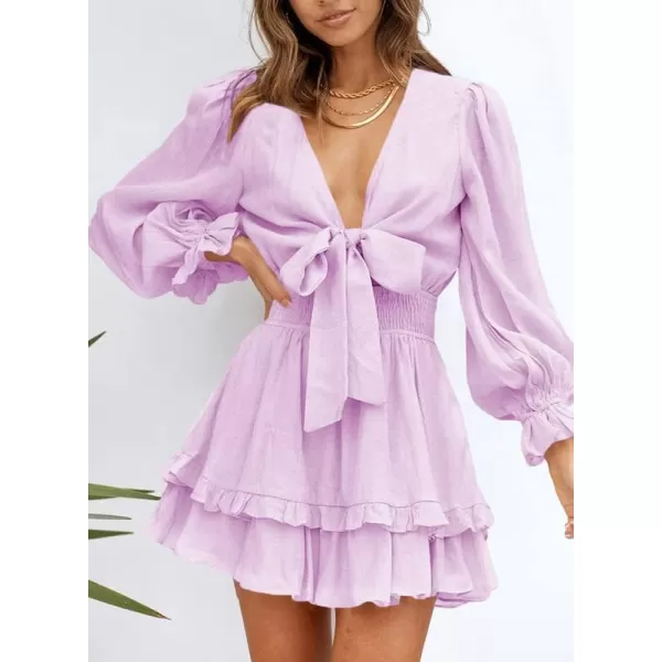 Dokotoo Womens 2023 Summer Deep V Neck Knotted Tiered Chiffon Elegant Mini Short Swing Skater Dresses
