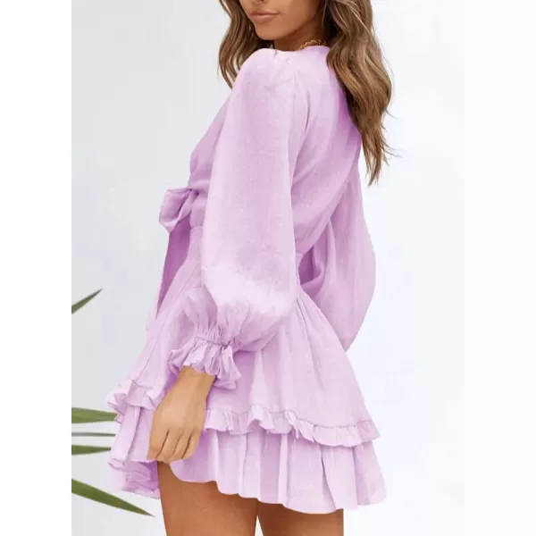 Dokotoo Womens 2023 Summer Deep V Neck Knotted Tiered Chiffon Elegant Mini Short Swing Skater Dresses