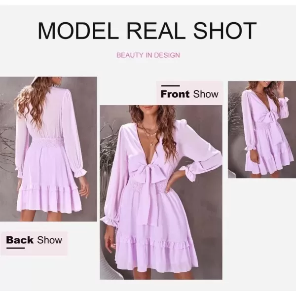 Dokotoo Womens 2023 Summer Deep V Neck Knotted Tiered Chiffon Elegant Mini Short Swing Skater Dresses