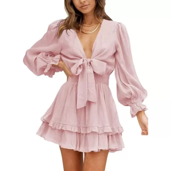 Dokotoo Womens 2023 Summer Deep V Neck Knotted Tiered Chiffon Elegant Mini Short Swing Skater Dresses