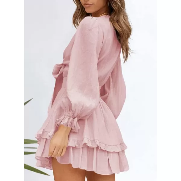 Dokotoo Womens 2023 Summer Deep V Neck Knotted Tiered Chiffon Elegant Mini Short Swing Skater Dresses