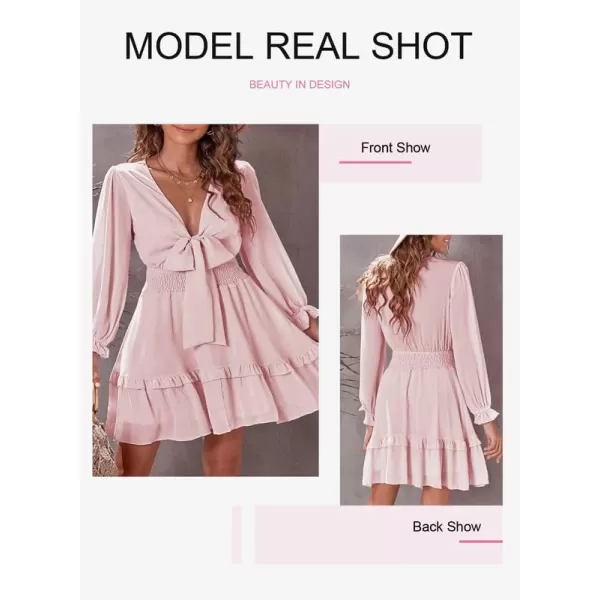 Dokotoo Womens 2023 Summer Deep V Neck Knotted Tiered Chiffon Elegant Mini Short Swing Skater Dresses