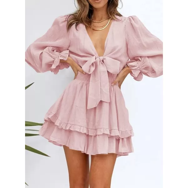 Dokotoo Womens 2023 Summer Deep V Neck Knotted Tiered Chiffon Elegant Mini Short Swing Skater Dresses