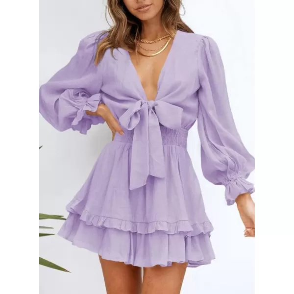 Dokotoo Womens 2023 Summer Deep V Neck Knotted Tiered Chiffon Elegant Mini Short Swing Skater Dresses