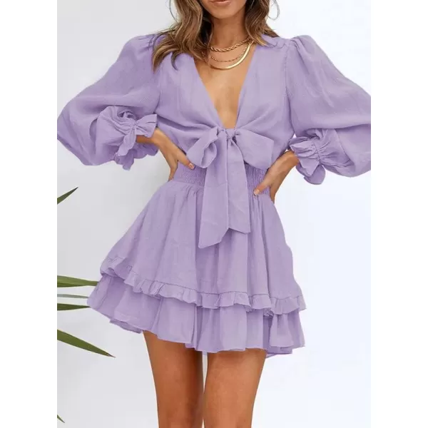 Dokotoo Womens 2023 Summer Deep V Neck Knotted Tiered Chiffon Elegant Mini Short Swing Skater Dresses