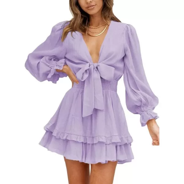 Dokotoo Womens 2023 Summer Deep V Neck Knotted Tiered Chiffon Elegant Mini Short Swing Skater Dresses