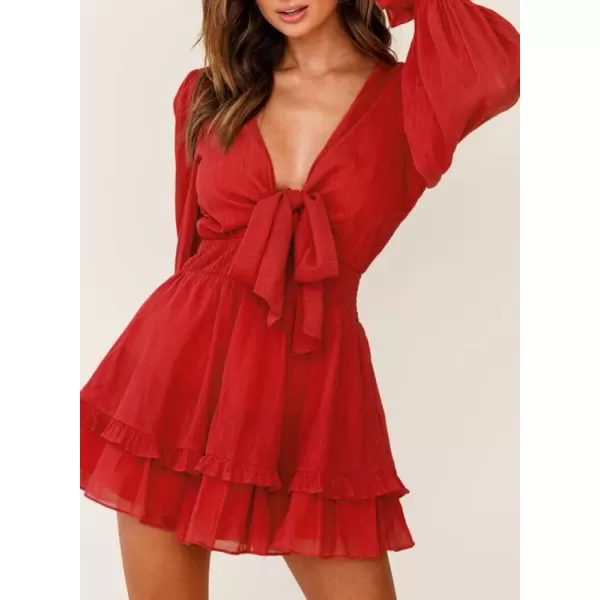 Dokotoo Womens 2023 Summer Deep V Neck Knotted Tiered Chiffon Elegant Mini Short Swing Skater Dresses