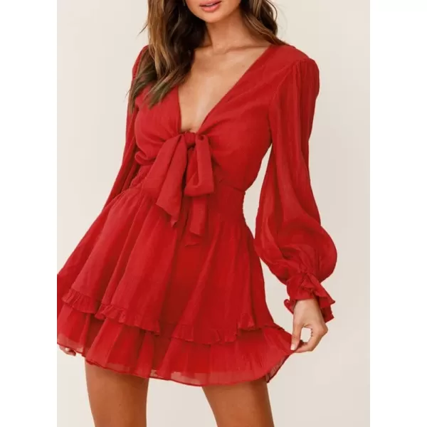 Dokotoo Womens 2023 Summer Deep V Neck Knotted Tiered Chiffon Elegant Mini Short Swing Skater Dresses
