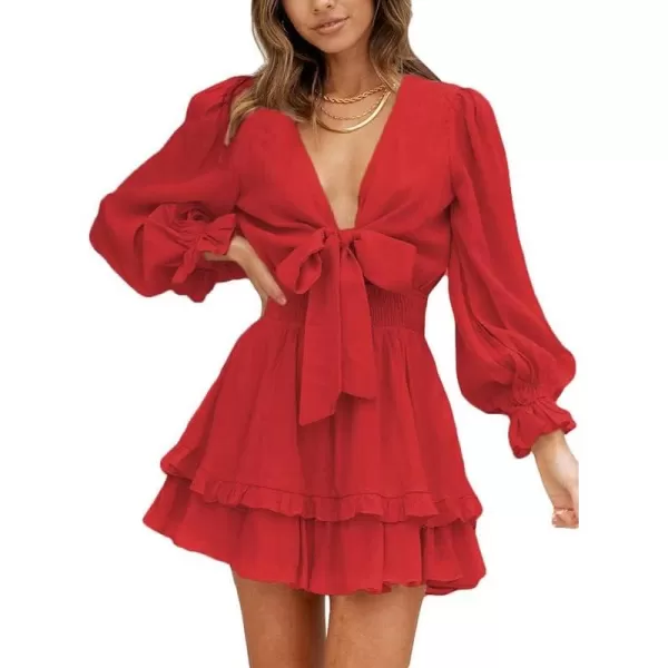 Dokotoo Womens 2023 Summer Deep V Neck Knotted Tiered Chiffon Elegant Mini Short Swing Skater Dresses