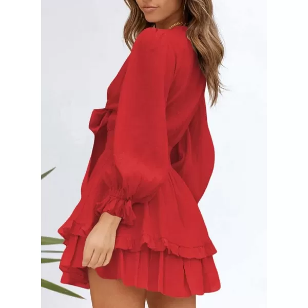 Dokotoo Womens 2023 Summer Deep V Neck Knotted Tiered Chiffon Elegant Mini Short Swing Skater Dresses