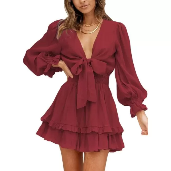 Dokotoo Womens 2023 Summer Deep V Neck Knotted Tiered Chiffon Elegant Mini Short Swing Skater Dresses
