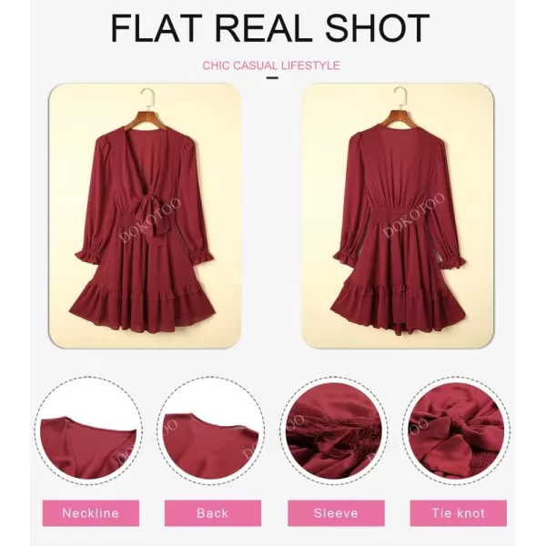 Dokotoo Womens 2023 Summer Deep V Neck Knotted Tiered Chiffon Elegant Mini Short Swing Skater Dresses