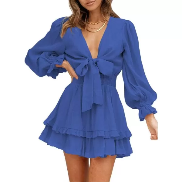 Dokotoo Womens 2023 Summer Deep V Neck Knotted Tiered Chiffon Elegant Mini Short Swing Skater Dresses