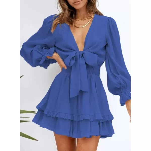 Dokotoo Womens 2023 Summer Deep V Neck Knotted Tiered Chiffon Elegant Mini Short Swing Skater Dresses