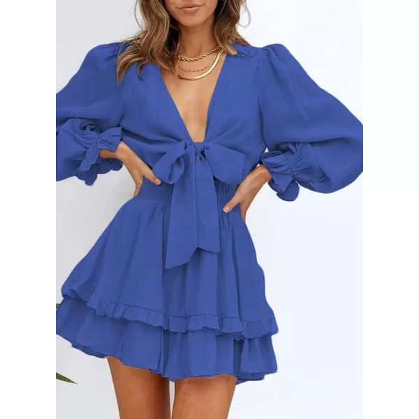 Dokotoo Womens 2023 Summer Deep V Neck Knotted Tiered Chiffon Elegant Mini Short Swing Skater Dresses