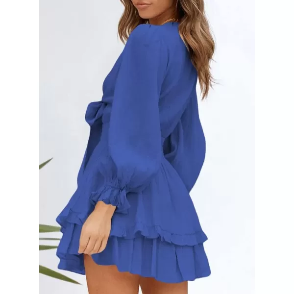 Dokotoo Womens 2023 Summer Deep V Neck Knotted Tiered Chiffon Elegant Mini Short Swing Skater Dresses
