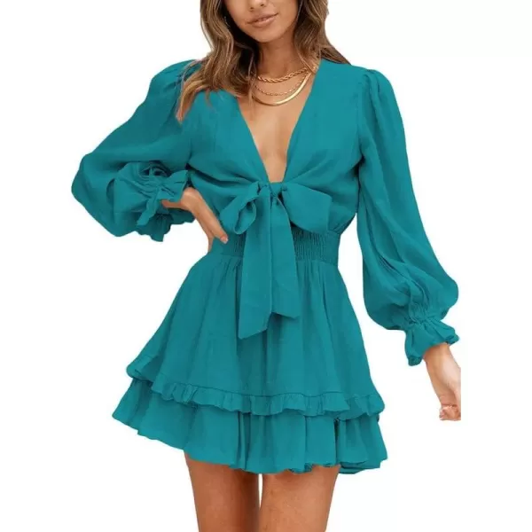 Dokotoo Womens 2023 Summer Deep V Neck Knotted Tiered Chiffon Elegant Mini Short Swing Skater Dresses