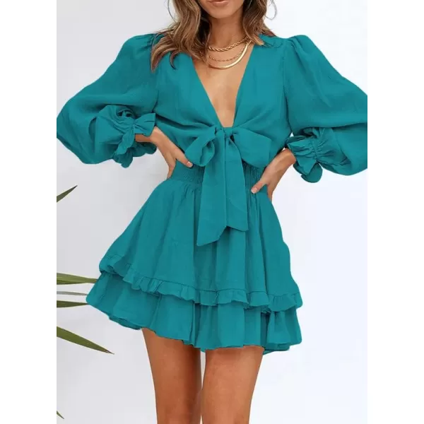 Dokotoo Womens 2023 Summer Deep V Neck Knotted Tiered Chiffon Elegant Mini Short Swing Skater Dresses