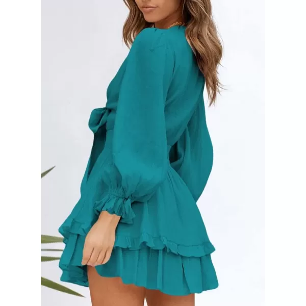 Dokotoo Womens 2023 Summer Deep V Neck Knotted Tiered Chiffon Elegant Mini Short Swing Skater Dresses