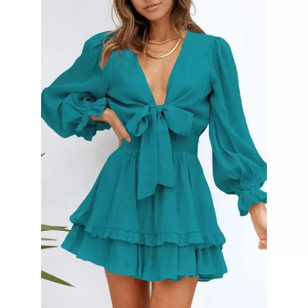 Dokotoo Womens 2023 Summer Deep V Neck Knotted Tiered Chiffon Elegant Mini Short Swing Skater Dresses