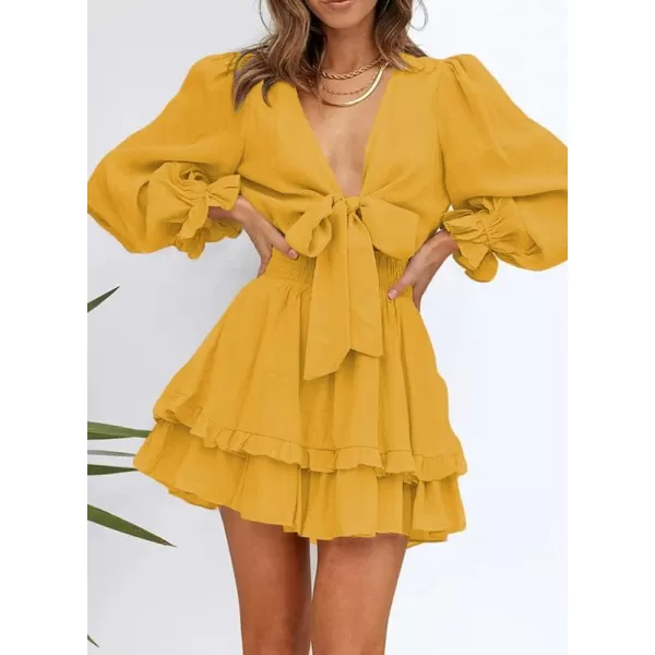 Dokotoo Womens 2023 Summer Deep V Neck Knotted Tiered Chiffon Elegant Mini Short Swing Skater Dresses