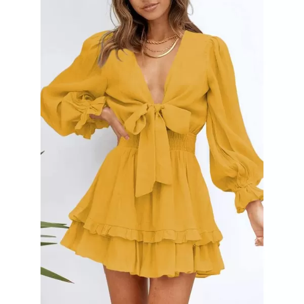 Dokotoo Womens 2023 Summer Deep V Neck Knotted Tiered Chiffon Elegant Mini Short Swing Skater Dresses