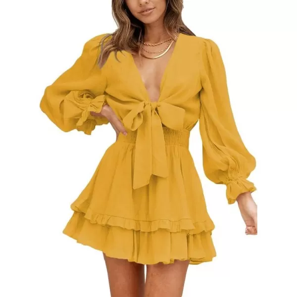 Dokotoo Womens 2023 Summer Deep V Neck Knotted Tiered Chiffon Elegant Mini Short Swing Skater Dresses