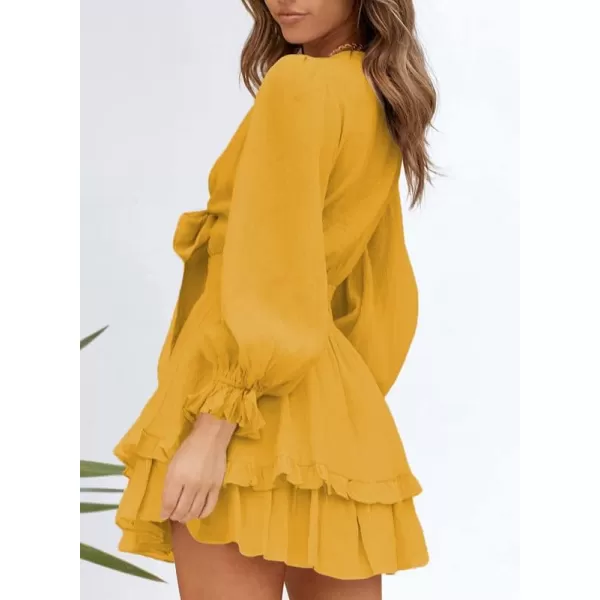 Dokotoo Womens 2023 Summer Deep V Neck Knotted Tiered Chiffon Elegant Mini Short Swing Skater Dresses