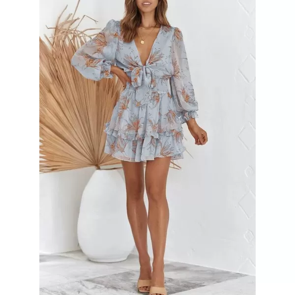 Dokotoo Womens 2023 Summer Deep V Neck Knotted Tiered Chiffon Elegant Mini Short Swing Skater Dresses