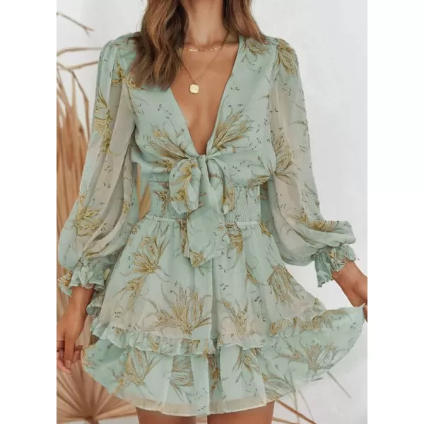 Dokotoo Womens 2023 Summer Deep V Neck Knotted Tiered Chiffon Elegant Mini Short Swing Skater Dresses
