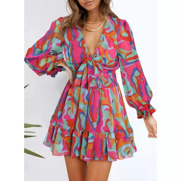 Dokotoo Womens 2023 Summer Deep V Neck Knotted Tiered Chiffon Elegant Mini Short Swing Skater Dresses