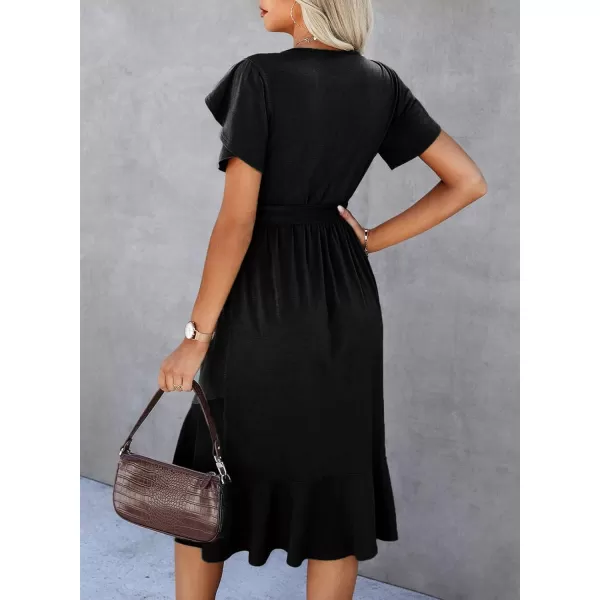 Dokotoo Womens 2023 Summer Dresses Casual Wrap Crew Neck Short Sleeve Belt A-Line Ruffle Hem Bohemian Midi Dress