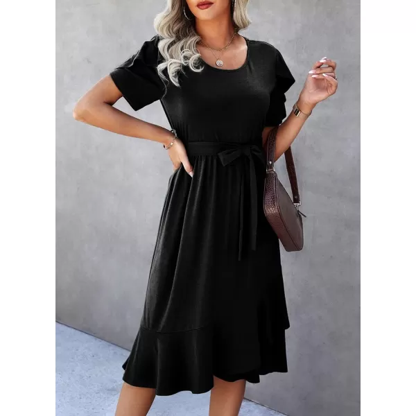 Dokotoo Womens 2023 Summer Dresses Casual Wrap Crew Neck Short Sleeve Belt A-Line Ruffle Hem Bohemian Midi Dress
