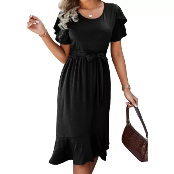 Dokotoo Womens 2023 Summer Dresses Casual Wrap Crew Neck Short Sleeve Belt A-Line Ruffle Hem Bohemian Midi Dress