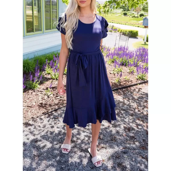 Dokotoo Womens 2023 Summer Dresses Casual Wrap Crew Neck Short Sleeve Belt A-Line Ruffle Hem Bohemian Midi Dress
