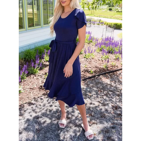 Dokotoo Womens 2023 Summer Dresses Casual Wrap Crew Neck Short Sleeve Belt A-Line Ruffle Hem Bohemian Midi Dress