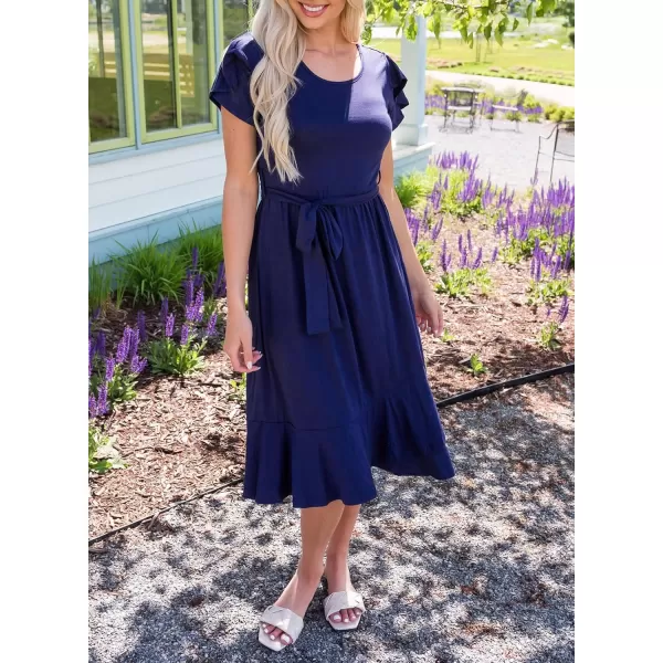 Dokotoo Womens 2023 Summer Dresses Casual Wrap Crew Neck Short Sleeve Belt A-Line Ruffle Hem Bohemian Midi Dress