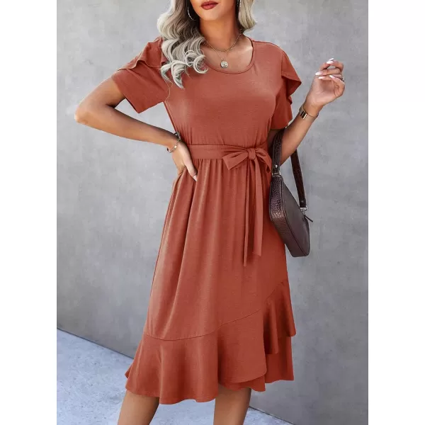 Dokotoo Womens 2023 Summer Dresses Casual Wrap Crew Neck Short Sleeve Belt A-Line Ruffle Hem Bohemian Midi Dress