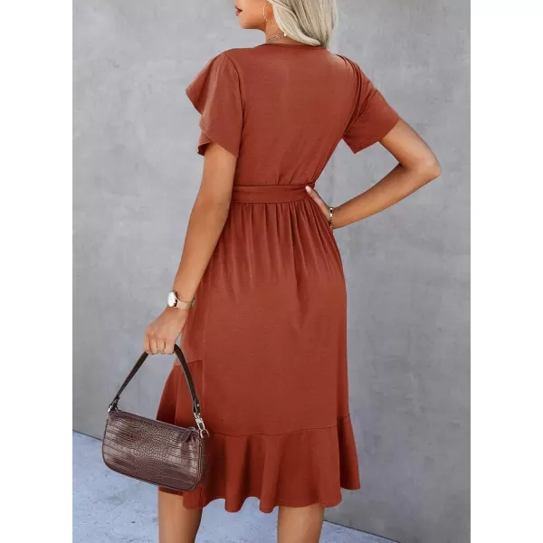 Dokotoo Womens 2023 Summer Dresses Casual Wrap Crew Neck Short Sleeve Belt A-Line Ruffle Hem Bohemian Midi Dress