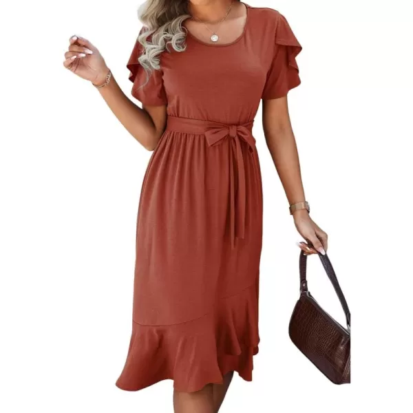 Dokotoo Womens 2023 Summer Dresses Casual Wrap Crew Neck Short Sleeve Belt A-Line Ruffle Hem Bohemian Midi Dress
