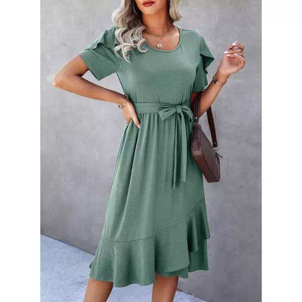 Dokotoo Womens 2023 Summer Dresses Casual Wrap Crew Neck Short Sleeve Belt A-Line Ruffle Hem Bohemian Midi Dress
