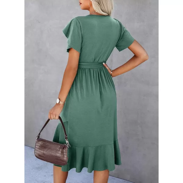 Dokotoo Womens 2023 Summer Dresses Casual Wrap Crew Neck Short Sleeve Belt A-Line Ruffle Hem Bohemian Midi Dress